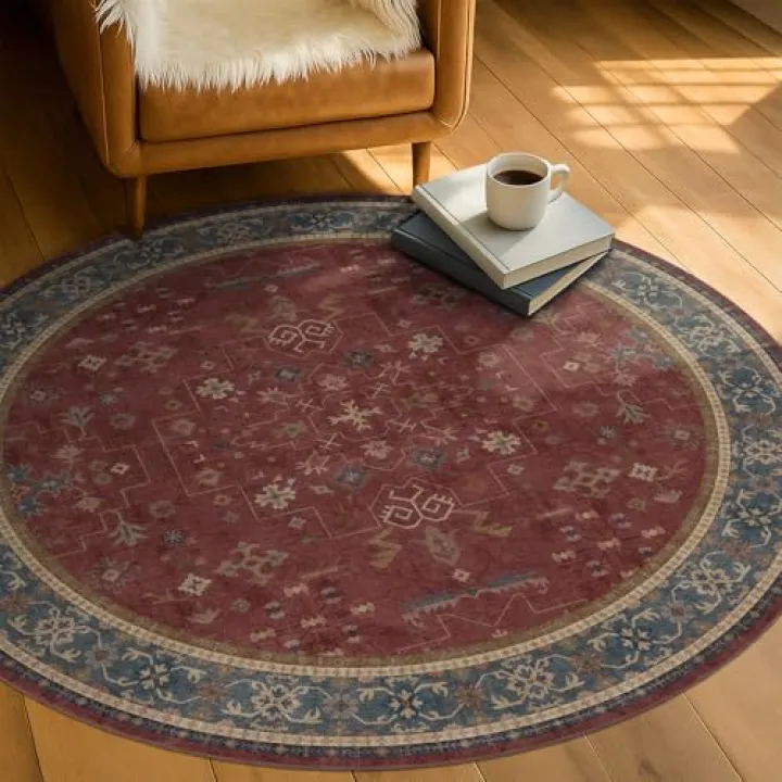 Burgundy 4ft Round Floor Rug for Living Room - Vintage Red Area Rug with Floral Accents for Kitchen, Bedroom & Home Décor, Non Slip with Rubber Backing, Low Pile Soft Stain Resistant Carpet