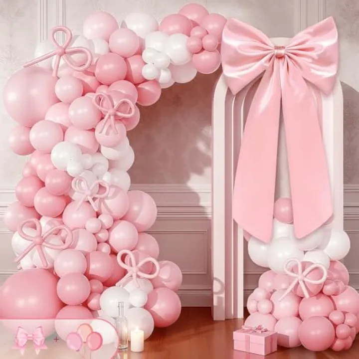 Large Pink Bow for Coquette Room Decor, 36x24 In Satin Ribbon Tie Coquette, Contains 145 pink and white balloons, bow can decorate rooms and when paired with balloons can also form party decorations