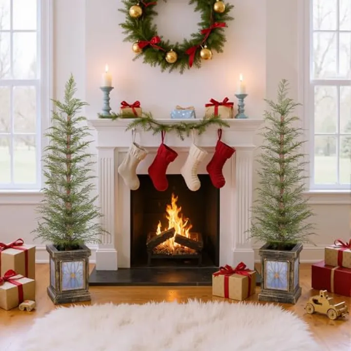 Set of 2 4ft Artificial Christmas Trees with Full PE Branches and Gold Pots, Realistic Snow-Free Holiday Trees for Indoor or Outdoor Use, Porch, Entryway, Mantel – Easy Setup, Long-Lasting