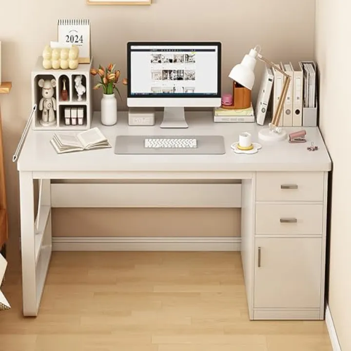 Generico Scrivania per Computer da Ufficio con cassetti, Ampia scrivania da Gioco con Ampio Spazio di archiviazione, Robusta postazione di Lavoro con Struttura in Acciaio a Forma di U (140x60x72 cm,
