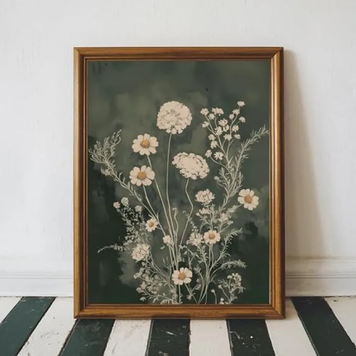 InspireWithPrint Boho Floral Printable Wall Art, Sage Green Wildflower Botanical Print, Moody Vintage Style Flower Art, Neutral Bohemian Home Decor for Bedroom, Living Room, or Gallery Wall (16x20)