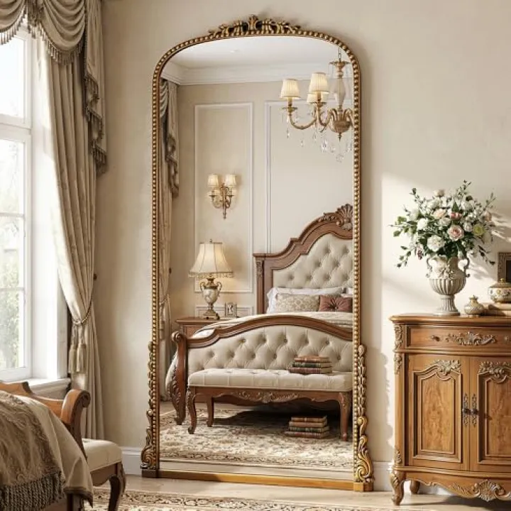 Antok Floor Mirror, 81"×41" Vintage Full Length Mirror Carved Full Body Mirror with Stand, Hanging Mounted for Bedroom Living Room Cloakroom,Gold, Luxury Style