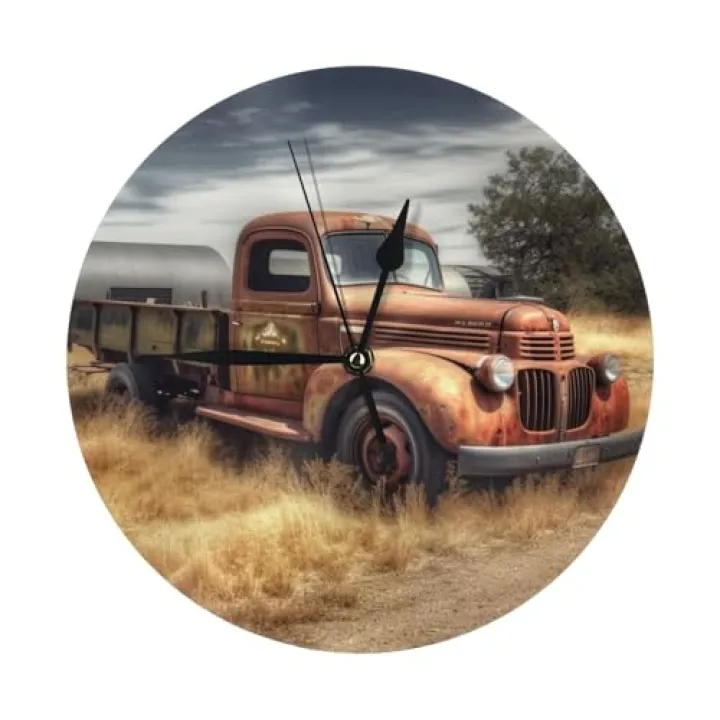 JKASDTRP Old Truck Car Round Wall Clock 10 Inch Silent Non-Ticking Clock Battery Operated Decorative Wall Clocks for Living Room, Kitchen, Bathroom, Bedroom, and Office
