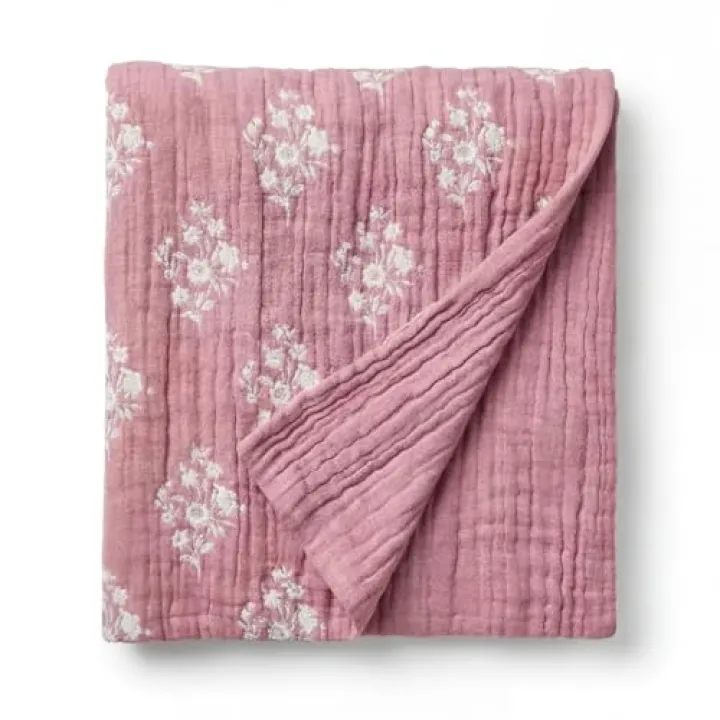 Frienda Floral Block Print Jacquard Throw Blankets 100% Cotton Muslin Blankets Breathable Soft 50 x 60 Quilt Purple Cream Throw 6-Layer Linen Texture for Adults Season Bed Couch Gifts Home Sofa