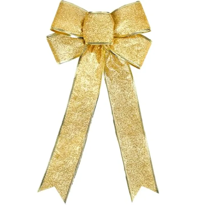 16 Inch Christmas Bow Large, Gold Glitter Christmas Tree Topper Bow for Outdoor Christmas Decor, All-Weather Xmas Door Bow with Gold Edge for Home Decor