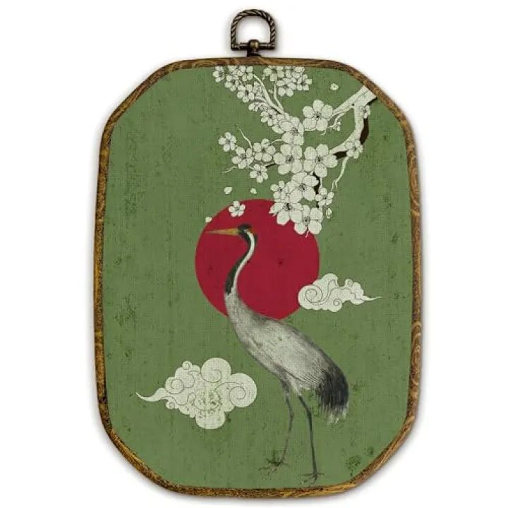 Yjeslw Vintage Japanese Crane Octagon Wall Art Decor, Green Asian Japandi Bird Framed Canvas Prints, Oriental Floral Bird Wall Hanging Decorations for Home Bedroom Living Room Decor, 10.2x7 Inches