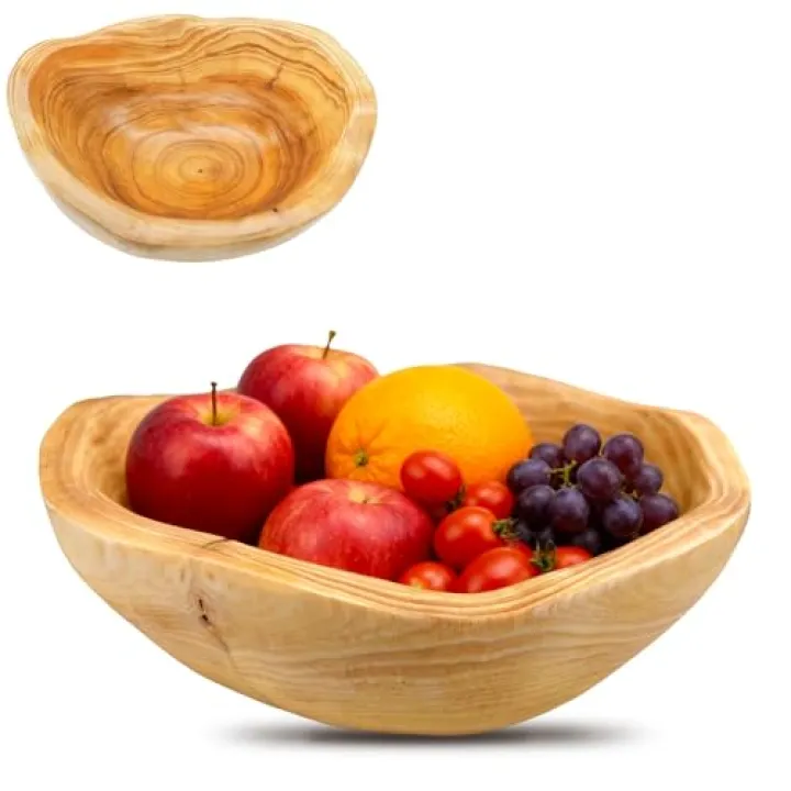 Fakindiy Handmade Wood Fruit Bowl for Kitchen Counter - 10-12in Irregular Wooden Decorative Bowl,Wooden Serving Bowl for Salads Snacks Keys Home Decor (10-12in/25-29cm)