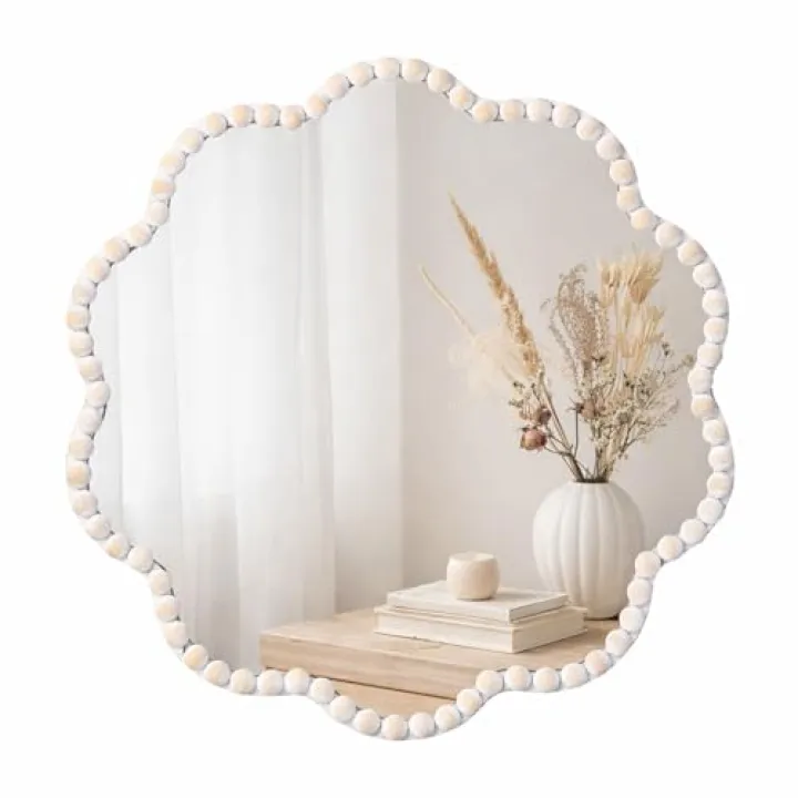 SWTHONY 15inch Small Boho Beaded Flower Mirror for Wall Decor, Cute Decorative Hanging Wooden Circle Nursery Mirrors for Girl Room, Bedroom, Livingroom