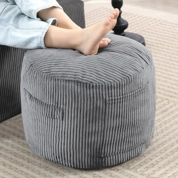 Manyday Round Stuffed Pouf Ottoman,Corduroy Foot Rest with Rebound Foam Filled, Furry and Fluffy Foot Stool Ottoman, Floor Poufs for Living Room (Gray, 20" D x 20" W x 15" H)