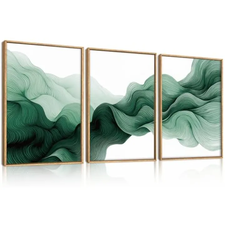 Aurlan Large Abstract Green Waves Framed Canvas Wall Art Set,Modern Minimalist Smokes Wall Decor,Neutral Watercolor Brush Stroke Lines Artwork for Living Room,Bedroom,Office-24 x36 x3