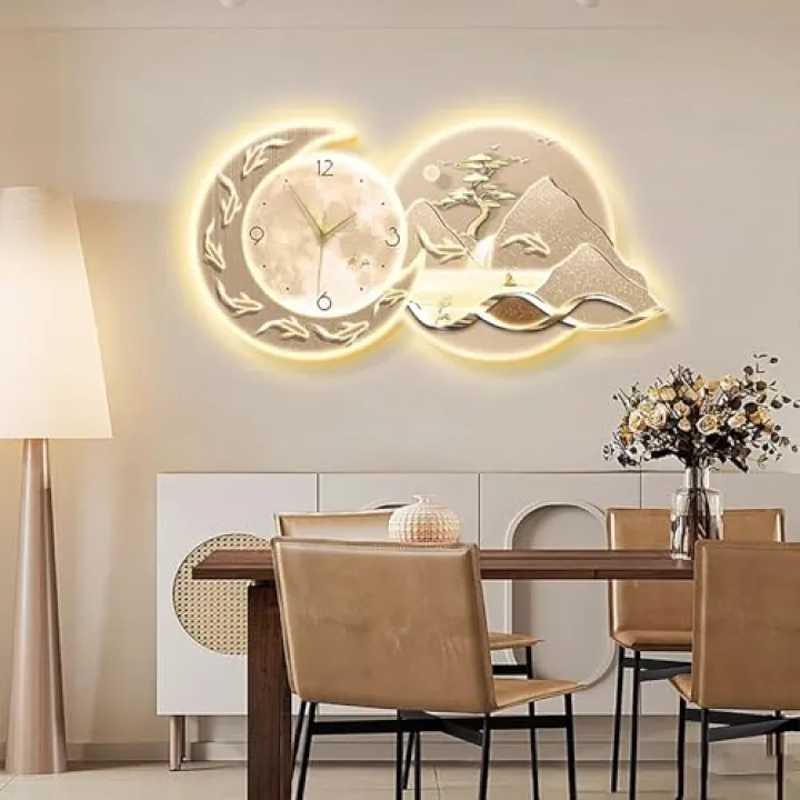 MTSYXYM Large Wall Clock with Light,Crystal Porcelain Decorative Wall Clock,Silent Movement, Battery Powered, Easy to Care for,Suitable for Corridor, Living Room, Dining Room.(31.5 * 15.7in)