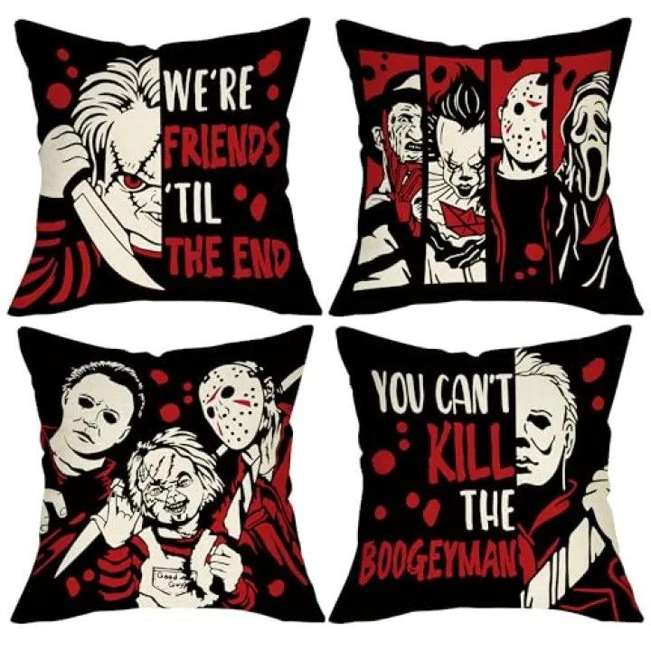 Pycat Halloween Horror Movie Character Decorative Throw Pillow Covers 18 x 18 Set of 4, Red Black Vintage Porch Outdoor Home Decor, Retro Scary Bloody Sofa Couch Cushion Case