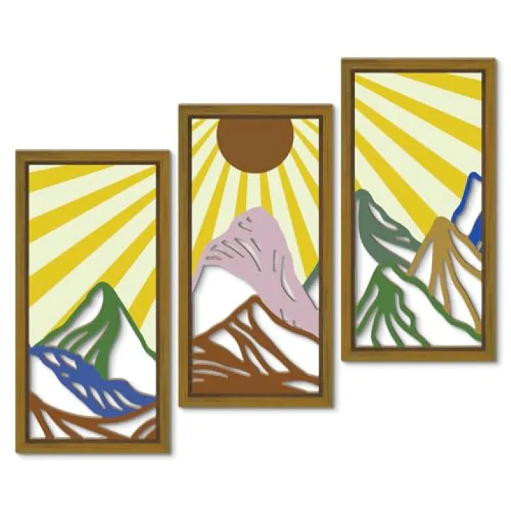 Putuo Decor 3 Piesces Boho Mountain Sunrise Wall Decor, Rustic Farmhouse Nature-Inspired Wall Art, Mid-Century Modern Aesthetic Wall Hanging for Living Room Bedroom Entryway