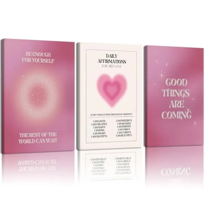 NCCXNCC 3-Pcs Pink Angel Digital Canvas Wall Art Daily Affirmations Wall Decor Painting Gradient Halo Artwork Aesthetic Poster Print Suitable for Apartments, Dormitories, Girls' Bedrooms 12x16 inch