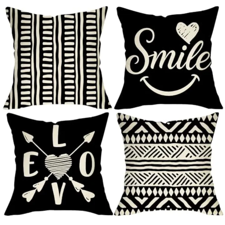 Fjfz Black White Geometric Decorative Throw Pillow Covers 18 x 18 Set of 4, Abstract Modern Art Smile Love Heart Arrow Porch Outdoor Home Decor, Minimalist Aesthetic Sofa Couch Cushion Case