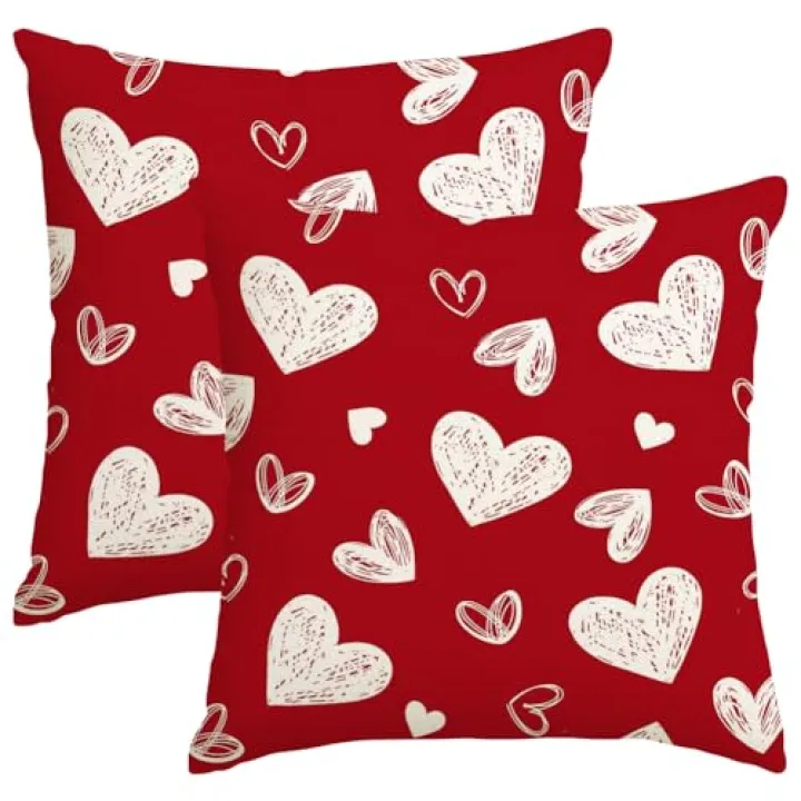 RABUSOFA Valentines Love Heart Pillow Covers 18x18 Inch Set of 2, Red White Outdoor Romantic Holiday Party Cushion Cases Valentine Decoration for The Home Sofa Couch Indoor (Red, 18" x 18")