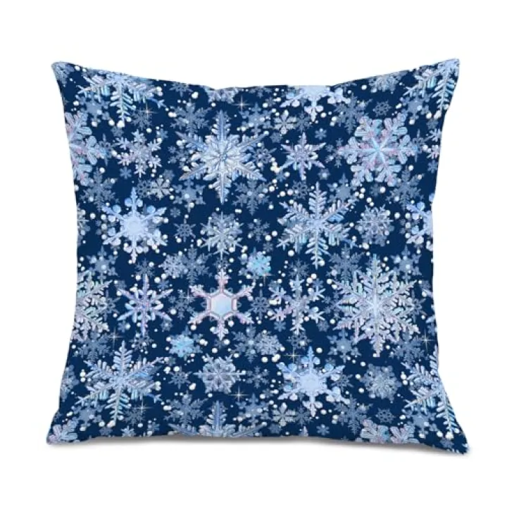 sdfkmlcdl Crystal Christmas Snowflake Pillow Covers 18x18, Christmas Snowflake Decor, Navy Blue Xmas Holiday Winter Decorative Throw Pillow Covers for Home Bedroom Living Room Sofa