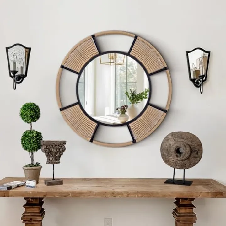 Autdot Nautical Coastal Round Wall Mirror, 30.5'' Boho Detachable Rattan Frame Mirror for Dining Room, Round Black Mirror for Living Room Bathroom Beach Decor