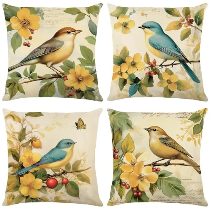 wyooxoo Throw Pillow Covers 18x18 Set of 4 Bird Decorative Spring Summer Pillow Covers Farmhouse Cushion Cases for Sofa Couch Outdoor Bedroom Car