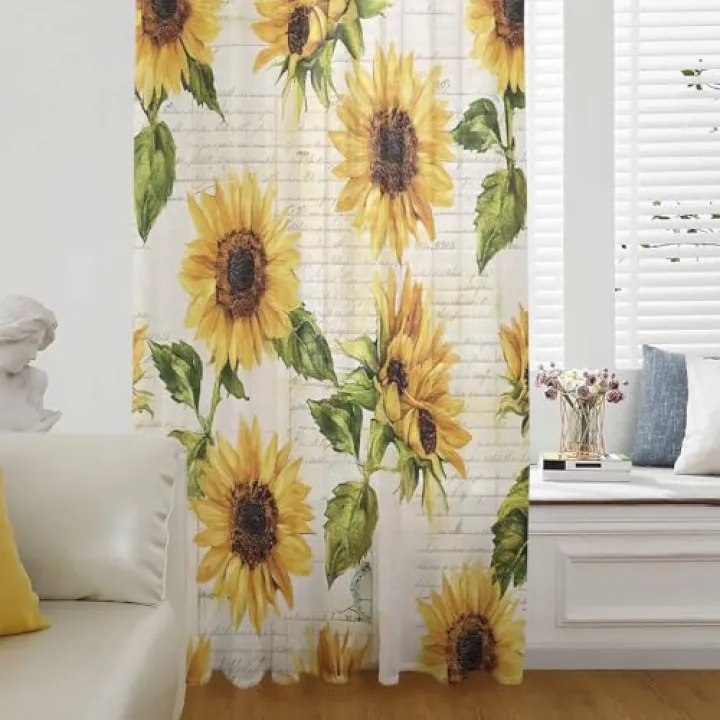 HomeDecorArt Retro Sunflower Sheer Curtains 63 Inch Length, Watercolor Letter Flowers Semi Curtain Sheers for Living Room Bedroom Rod Pocket Kitchen Curtain Drapes Window Voile Curtain Panel