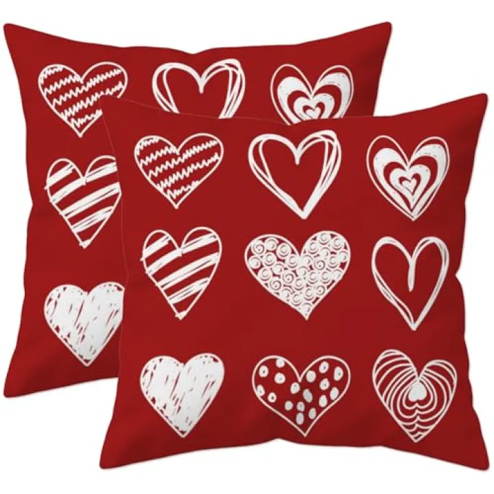 HYJ Valentines Pillow Covers 18x18 Set of 2 Valentines Day Decoration Red White Heart Throw Pillow Covers, Double-Sided Printed, Anniversary Cushion Case for Sofa Couch Bed