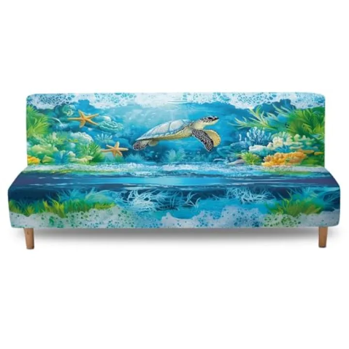 Txsniver Armless Sofa Slipcover Polyester Spandex Stretch Futon Cover, Dustproof Elastic Couch Cover Furniture Protector Machine Washable for Home, Dorm, Living, Turtle Print