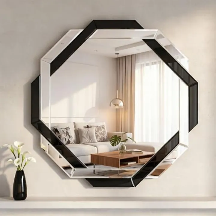 Vercraft Bathroom Mirror Decorative Beveled Edge Frameless Mirror Wall Mirrors Hexagon Silver Polished for Wall Bathroom Vanity Room Bedroom Living Room and Enter Way (24"×24")