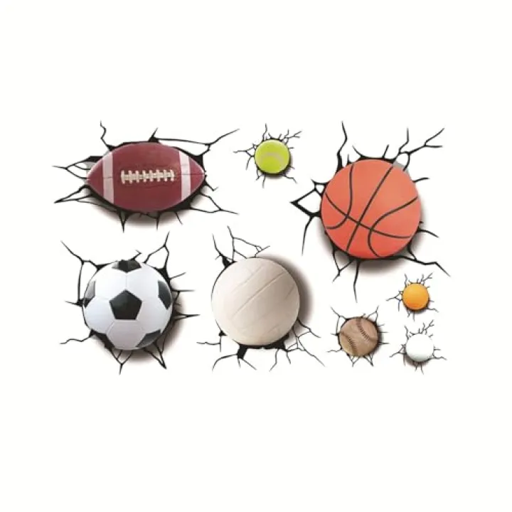 3D Sport Balls Wall Sticker Cracked Wall Sticker for Kids Living Room Decoration Detachable Wall Stickers Including Football, Basketball, Volleyball, Rugby, Tennis, Snooker, Bowling, Baseball