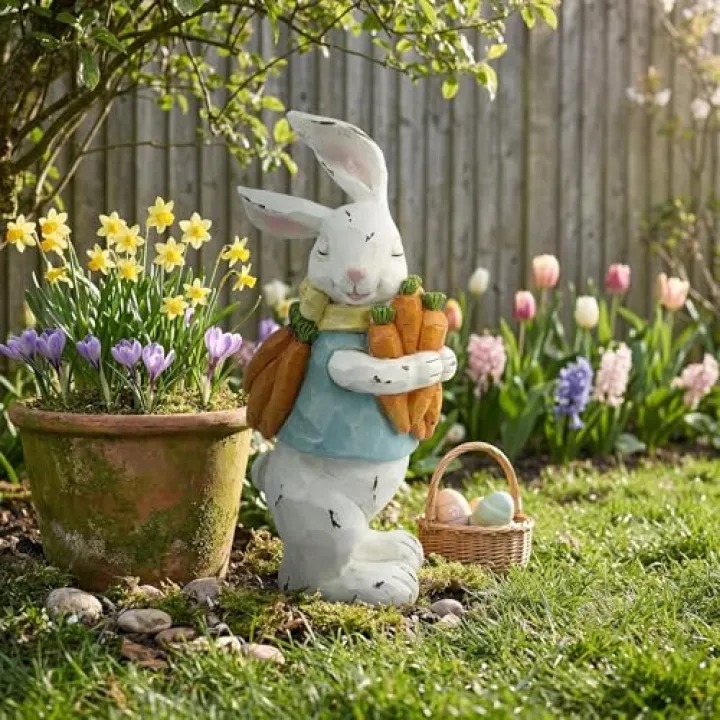 GoGnome Easter Decorations Bunny Resin Figurine with Carrots – 9.3'' Hand-Painted Rabbit Outdoor Statue, Spring Farmhouse Garden Decor for Easter, Mantel, Shelf, or Gift (White/Blue/Orange)