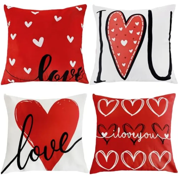 Faytark 4 Pcs Valentines Day Pillow Covers 18 x 18 Inch Red Heart Pillows Cases Decoration Love You Indoor Outdoor Pillow Cushion Cover for Valentine's Day Gifts Sofa Couch Bed Home Decor
