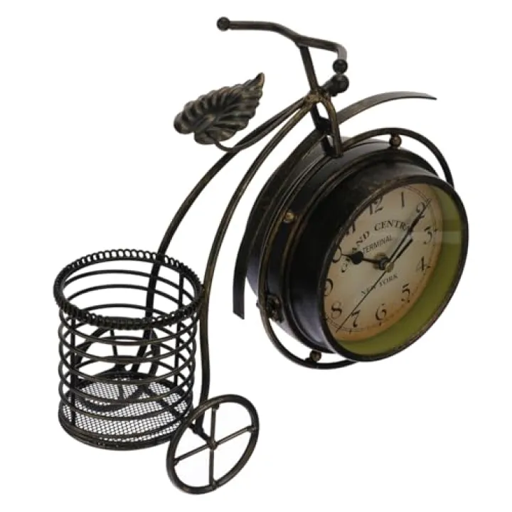 PHENOFICE Vintage Retro Metal Desk Clock with Silent PVC Glass European Style Tabletop Decor for Bedroom and Office Creative Double-Sided Design Classic Home Ornament