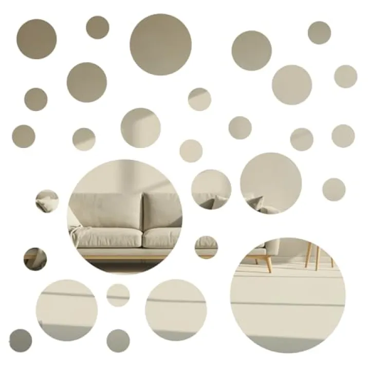 Aysatogc 30Pcs Round Mirror Tiles Self Adhesive, 4 Sizes Acrylic Mirror Wall Decals Mirrors Tile Decorative Mosaic Mirrors Sheets for Bathroom, Bedroom, Wall Decor, DIY Projects