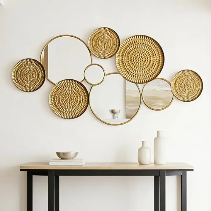 QuiltMuse Gold Mirrors Wall Decor Metal Round Home Art Decor Decorative Modern Circle Mirror Wall Art Sculpture Hanging Decorations for Home Living Room Office