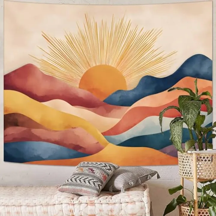 Yeoiat Tapestry Abstract Sunset Tapestries Watercolor Mountain Landscape Wall Hanging Boho Minimalist Art Decor Bedroom Dormitory 60"x44"