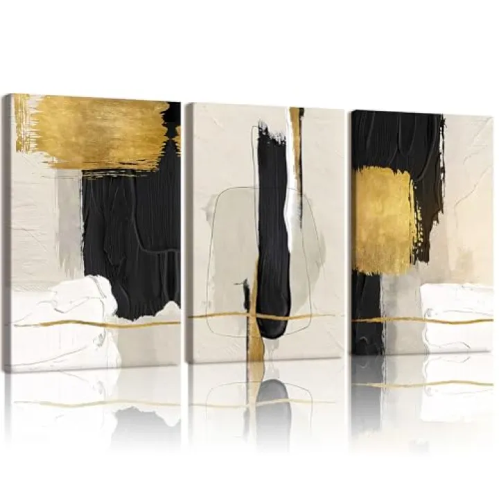RZIGERNO 3 Pcs Black White and Gold Abstract Wall Art Modern Textured Framed Canvas Prints Painting 12x16 Inch Neutral Minimalist Wall Decor Poster for Living Room Bedroom Office