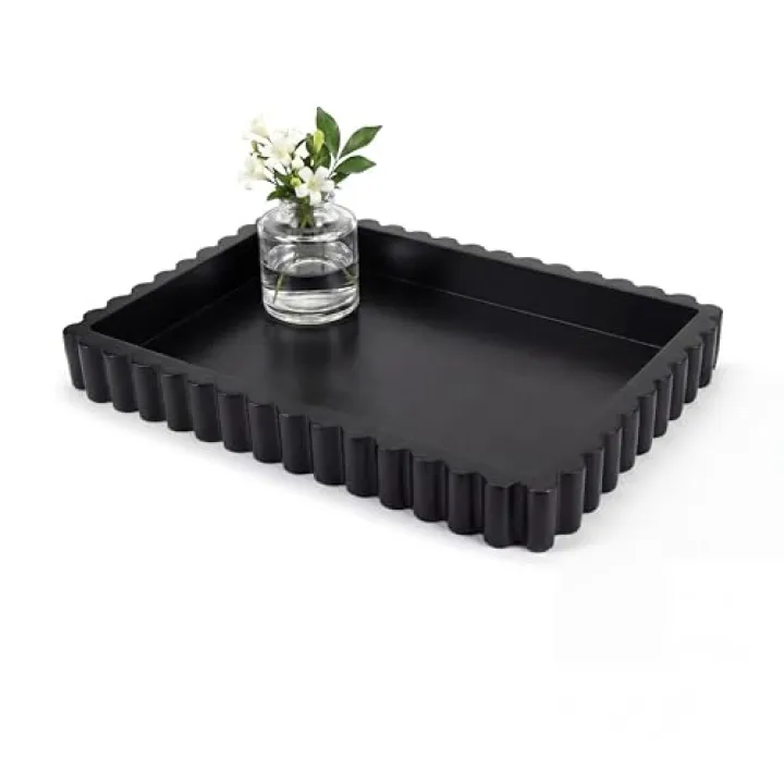 Ferrochef Large Black Decorative Tray for Coffee Table Decor 14" x 10" Wooden Rectangle Tray Ottoman Centerpiece with Scalloped Wave Edge for Kitchen Counter Vintage Vanity Nightstand Farmhouse
