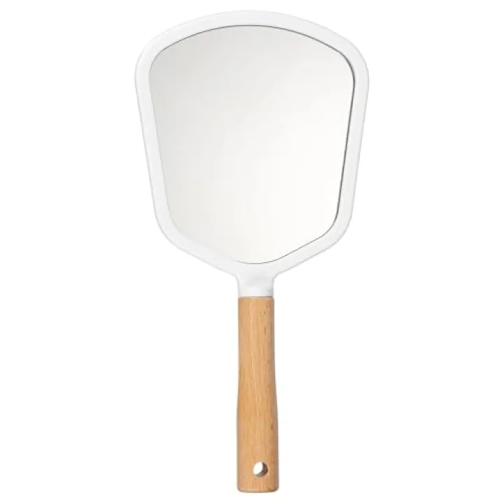 uxcell 1 Pcs Hand Held Mirror, Wood Portable Hand Vanity Mirrors Single Side with Hook Hole for Bathroom, Bedroom, Travel, & Makeup Use, White(Fan)