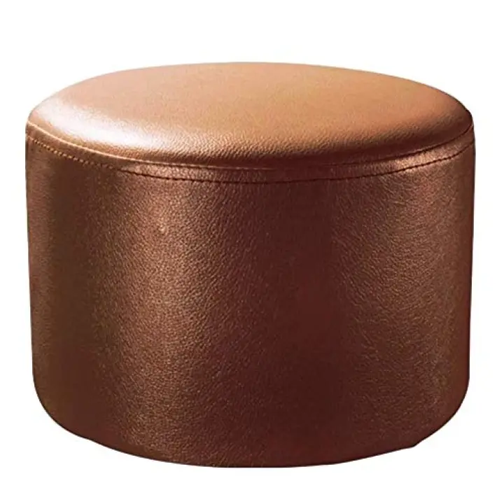 Round Leather Upholstered Pouf Footstool with Solid Wood Legs White 11X11X12Inch Small Bench for Living Room Coffee Table