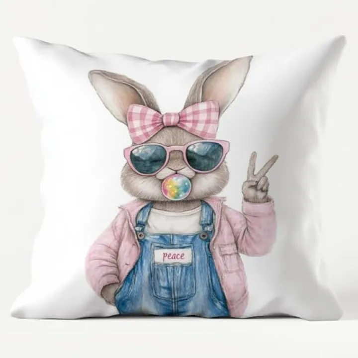 QEJ Trendy Coquette Pink Bow Easter Bunny Pillow Covers 18x18, Bunny Lovers Gifts, Funny Bubblegum Rabbit with Sunglasses Decorative Throw Pillow Covers for Girls Nursery Bedroom Room