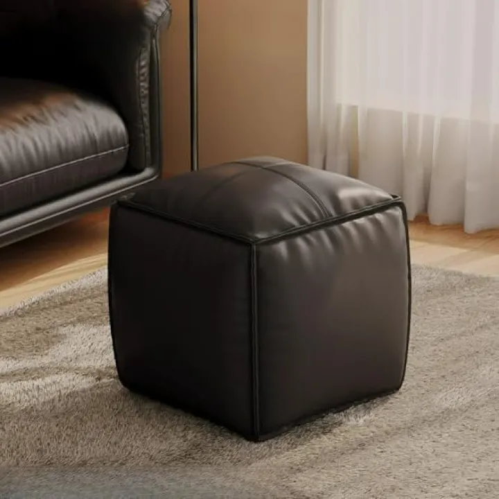 CAMZ Unstuffed Pouf Ottoman Cover, Faux Leather 17.7" Square Pouf Cover Foot Stool Floor Chair Bean Bag for Bedroom Living Room (Black,17.7X17.7X17.7'')