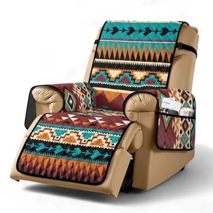 ZDCUSTOM Tribal Aztec Recliner Cover for Lazy Boy Recliner Chair Covers Washable Quilted Armchair Reclining Chair Covers with Side Pockets, Furniture Protector