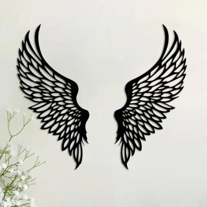DUOOLN 2Pcs Angel Wings Metal Wall Decor Art, Iron Abstraction Minimalism Single Line Hanging Wall Sculpture Sign, for Living Room Bedroom Dining Room Office Indoor Outdoor- Black - 15.7 x15.7 in