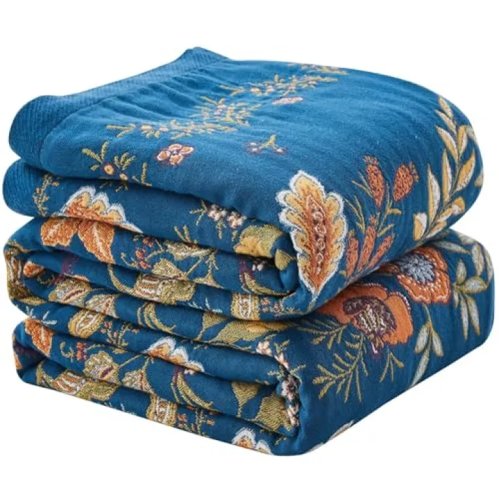 HBNDIL Boho Blanket Soft Muslin BohoThrow Blanket, 100% Cotton Floral Printed Farmhouse Decor All Season Reversible Rustic Throw for Sofa Couch Chair (Blue, 50"x60")