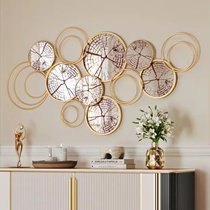 CozyDH Gold Wall Art Mirrors Decor - Decorative Boho Circle Mirror with Metal Frame, Modern Large Wall Sculptures for Living Room, Dining Room, Entryway, Hallway, Bedroom, 52"X26"