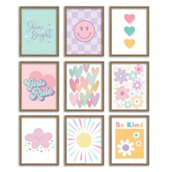 tgguytiy 9 Pcs Girls Room Wall Art Set, Pink Pastel Kids Canvas Posters with Hearts Smile Flowers, Cute Inspirational Nursery Decor for Baby Toddler Teen Girl Bedroom Playroom 8x10 Inch Unframed