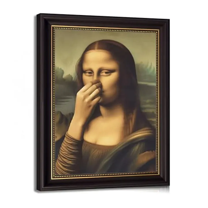 Funny Mona Lisa Bathroom Wall Art, Dark Brown Framed Humorous Canvas Decor for Toilet Powder Room, Classical Art Funny Poster Print 16x24in