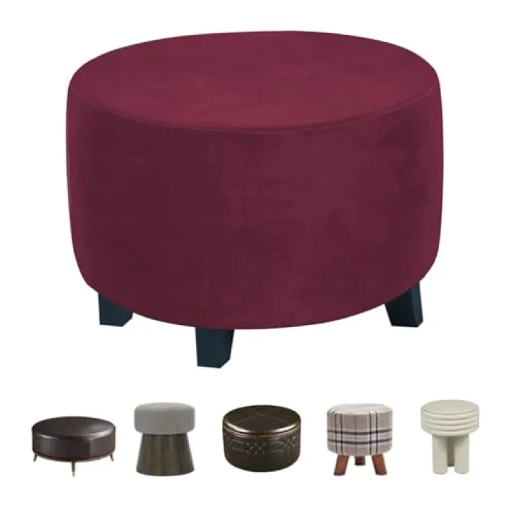 Monetais Round Ottoman Cover Stretch Velvet Plush Footstool Cover Non Slip Washable Ottoman Slipcover with Elastic Bottom