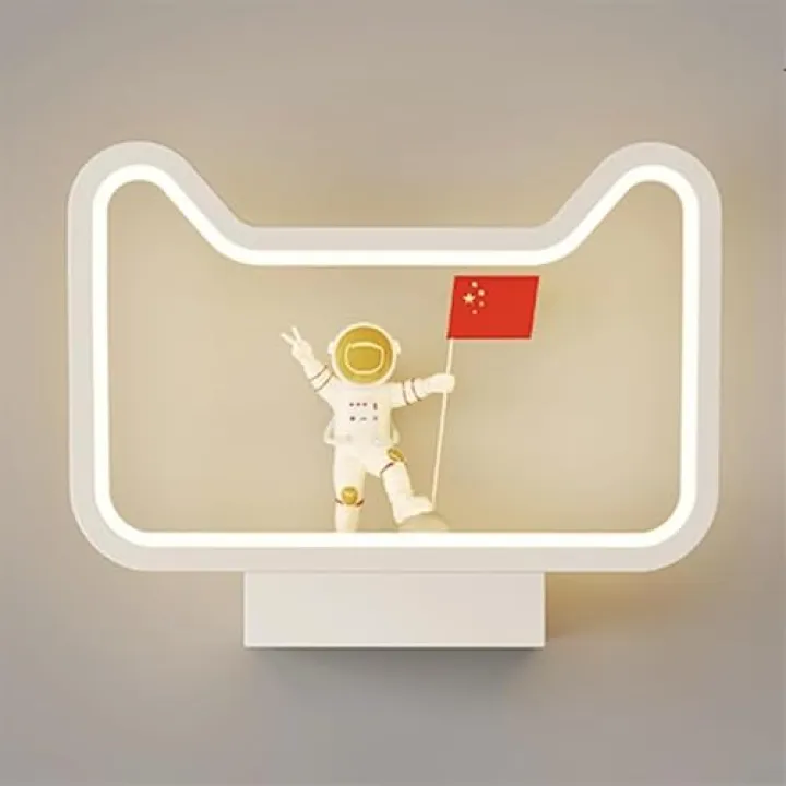WJJHERRH Moon Indoor with Astronaut Decoration Child's Bedside Lamp, 3 Color Mode Creative Wall Fixtures for Bedroom Living Room Hallway(A)