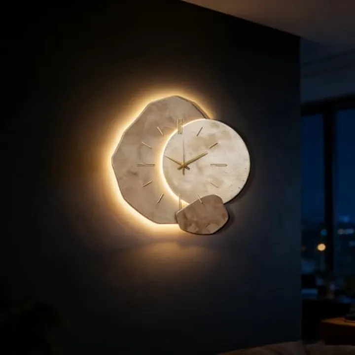 HJYBFA LED Light Hanging Wall Clock, Creative Modern Decorative Clock with Silent Sweep Movement, Unique Home Décor & Gift for Living Room Bedroom Office Beige 50 * 50cm