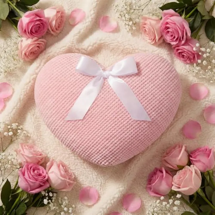 Yerliker Valentine's Day Pink Heart Pillow with Bow Cute Throw Pillow Corduroy Coral Fleece Cushion Covers for Couch Sofa Bedroom Wedding Anniversary Housewarming Gift Decor(1,13 x 10 Inch)